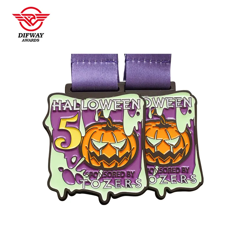 Custom Glow in the Dark Halloween 5K Race Medal, Pumpkin Virtual Run Medallions.