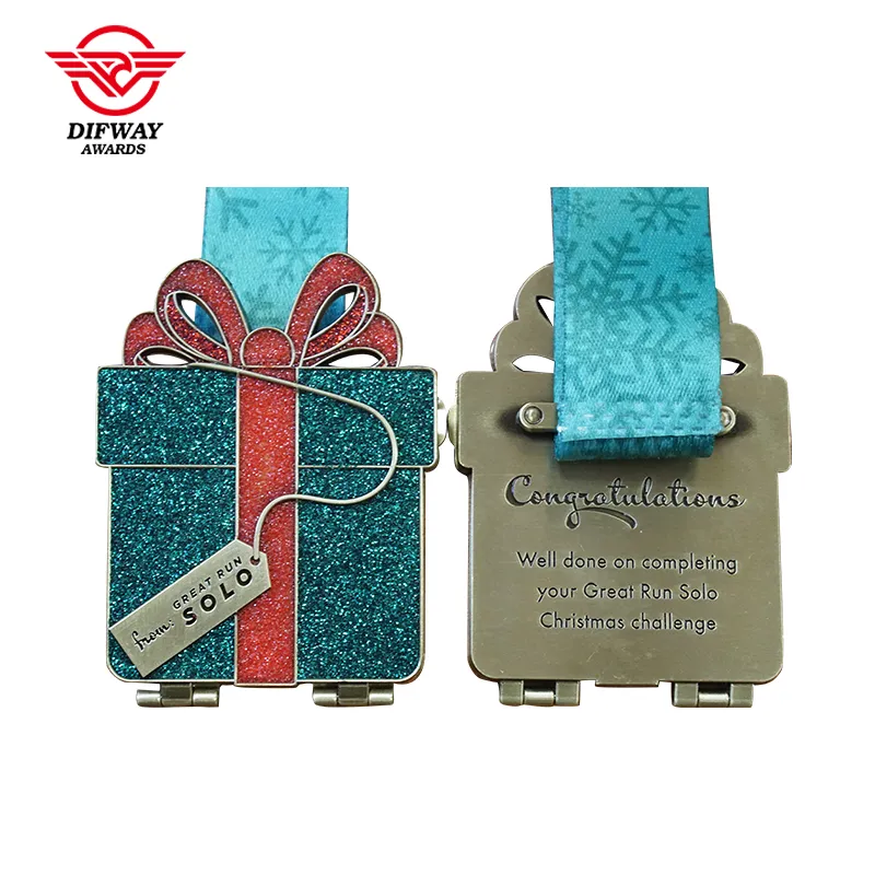 Custom Gift Box Great Run Medals, Christmas Virtual Race Finisher Medallions.