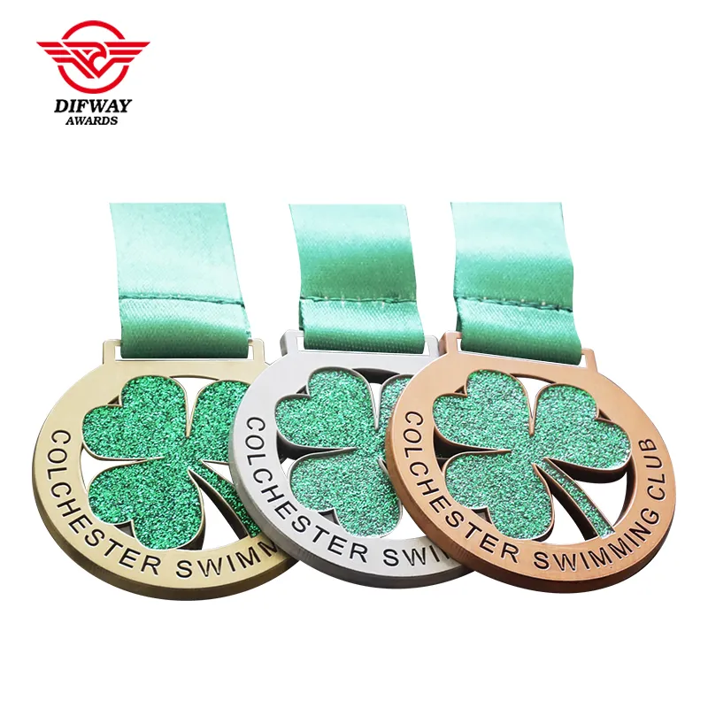 Custom Green Glitter Color Swimming Medals For Swimming Club Events.