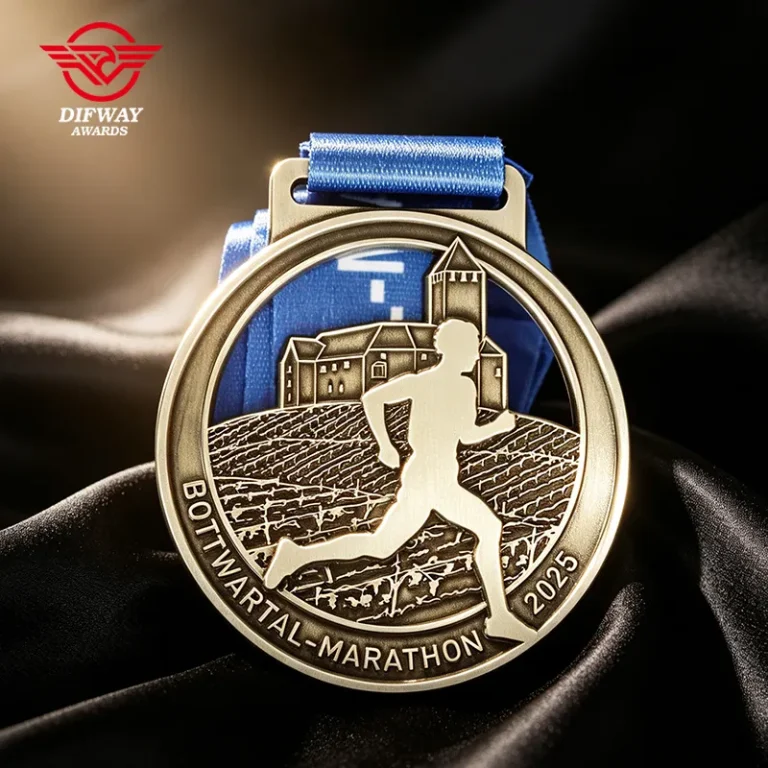 Custom Marathon Running Medal With Castle & Vineyard Landscape, Bespoke Your Logo Design Medallions.