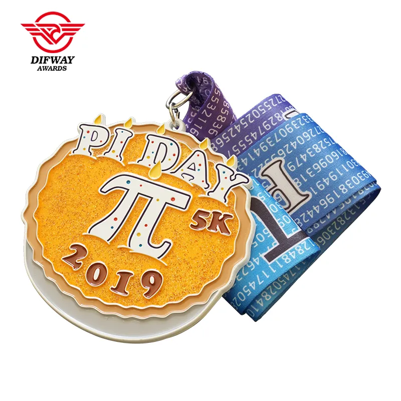 Custom 5K Virtual Run Medal, Gold Glitter Soft Enamel Zinc Alloy Math Themed Finisher Medallions.