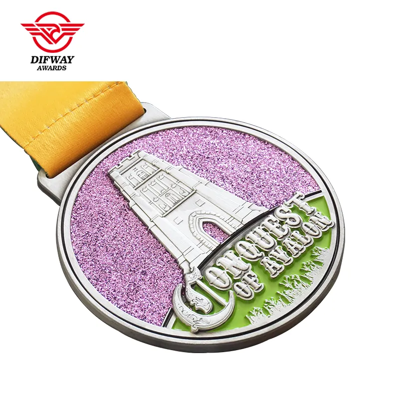 Custom Glitter Enamel Running Medal, 3D Embossed Finisher Medallion For Virtual Run Challenge