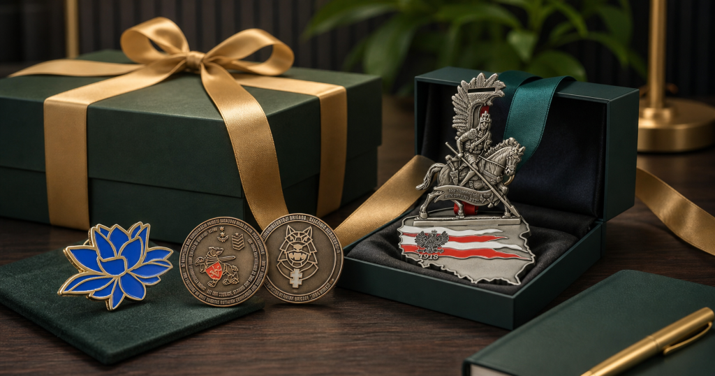 Custom pins medals and challenge coins arranged as corporate gifts