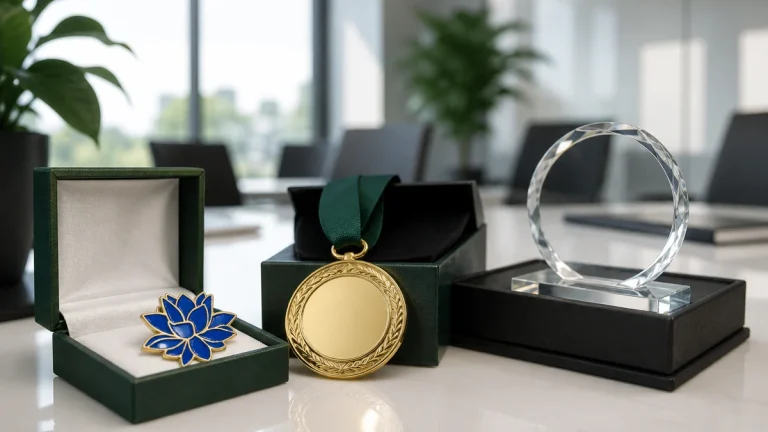 Corporate recognition gifts including a medal, enamel pin and crystal award in presentation boxes