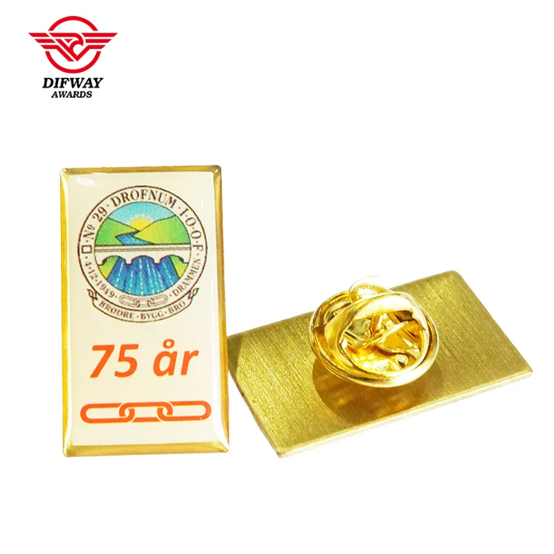 Custom Printed Epoxy Gold Lapel Pin, Die Strucking Brass Anniversary Commemorative Event Badge