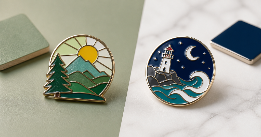 Hard enamel and soft enamel pins shown side by side