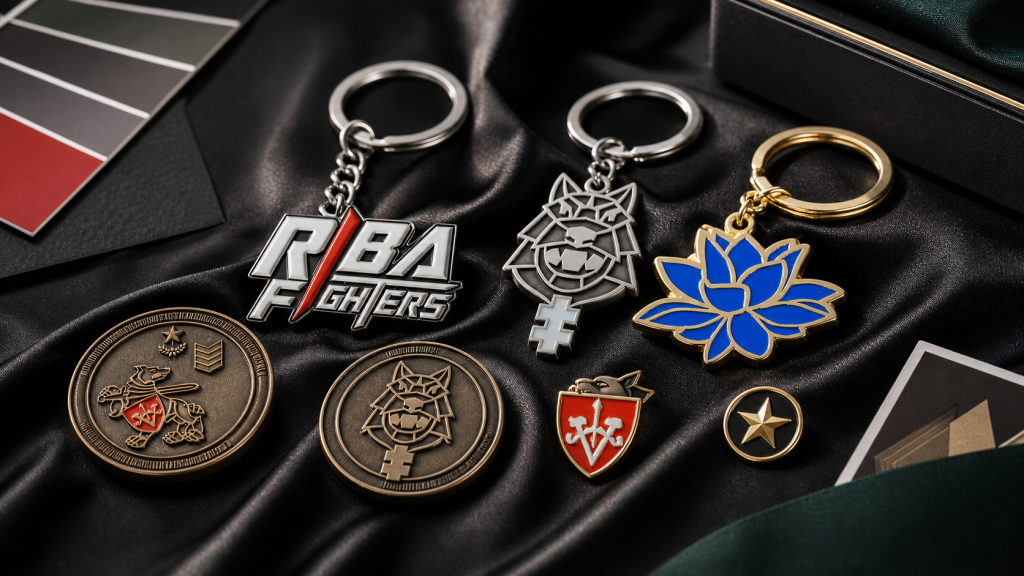Custom keychains and small promotional accessories arranged on dark satin fabric