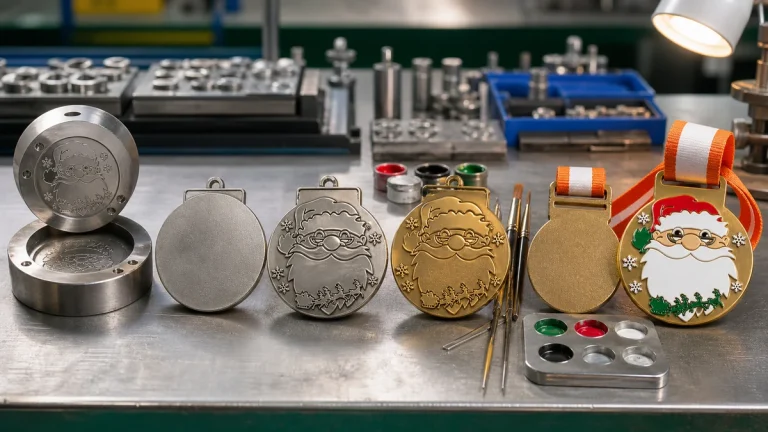 Metal medal manufacturing stages from mold and blank casting to plating, color and ribbon assembly