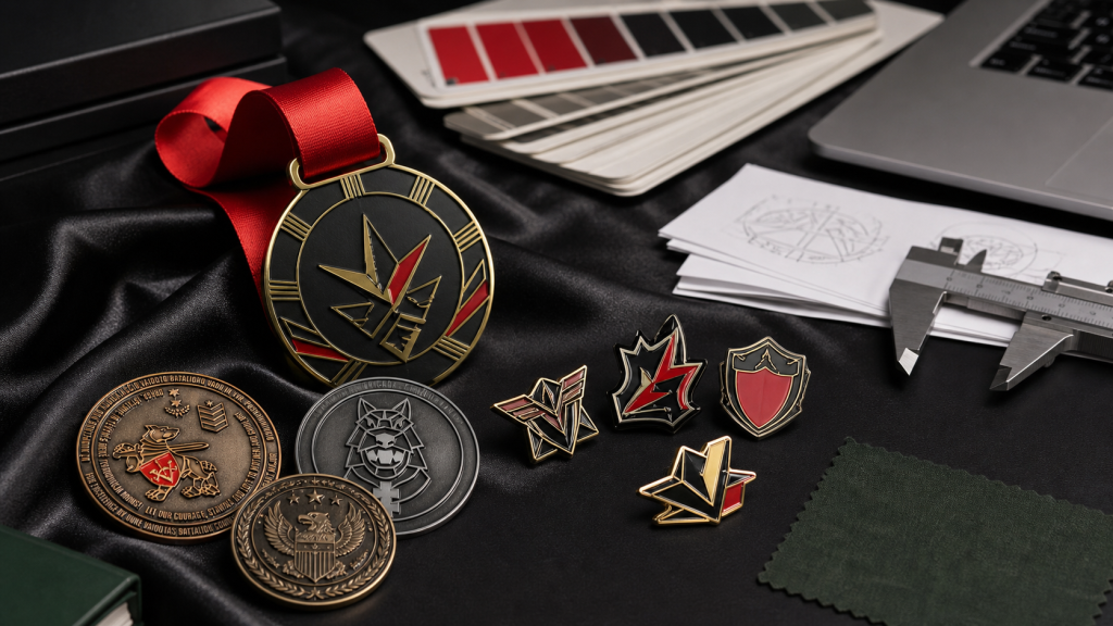 Custom medals pins and challenge coins prepared for supplier review