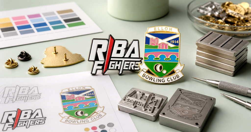 Custom enamel pin samples with artwork molds and color swatches