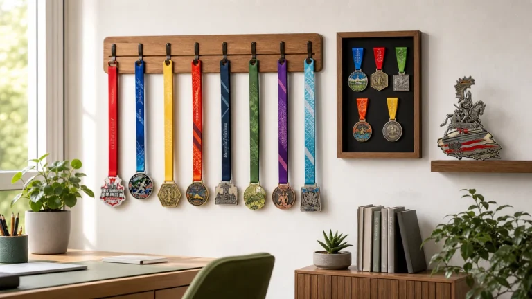 Race finisher medals organized on a wooden wall rack, shadow box and display shelf