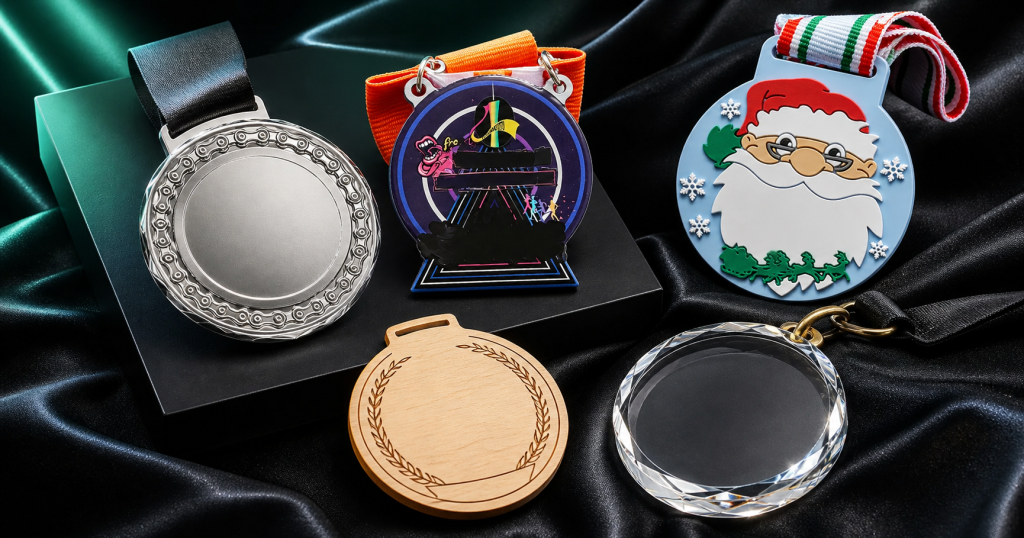 Different types of custom medals displayed on satin fabric