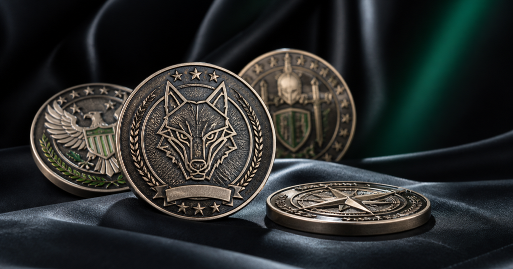 Custom challenge coins displayed on dark satin fabric