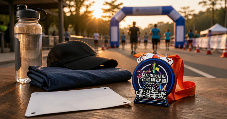 Colorful finisher medal and orange ribbon on an awards table beside a runner kit at a race finish line