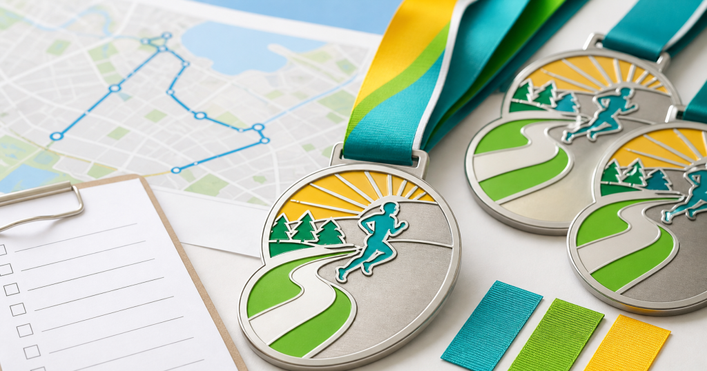 5K finisher medals for a community run with route map and ribbon colors